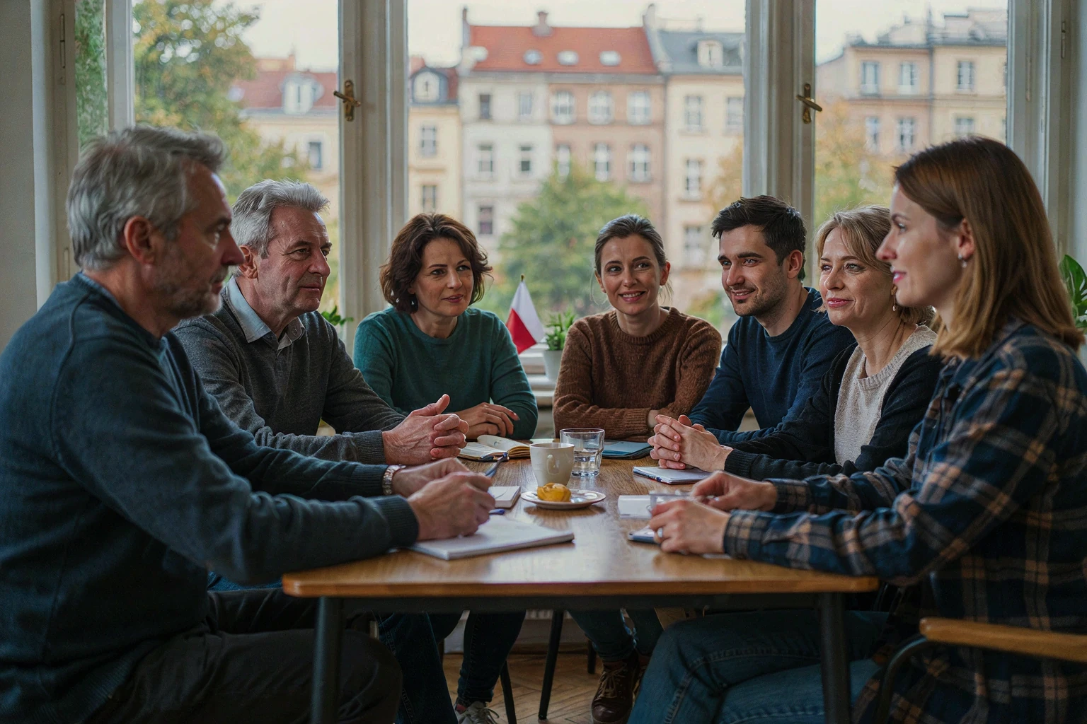 Grupa fikcyjnych mieszkańców rozmawia przy stole w jasnej sali. Ilustracyjna scena AI, nie dokumentacja spotkania ROP.
